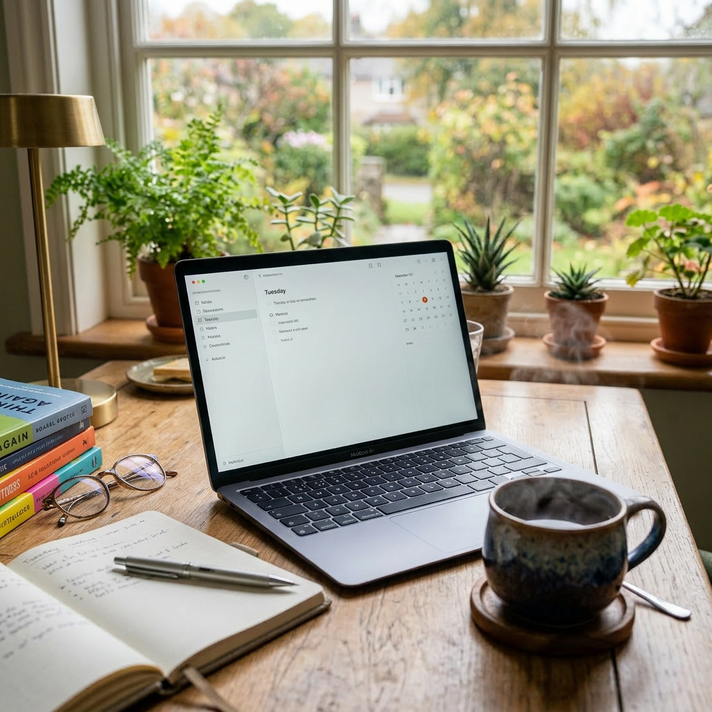 Laptop displaying a digital planner on a wooden table with notebook, pen, glasses, books, and steaming coffee cup