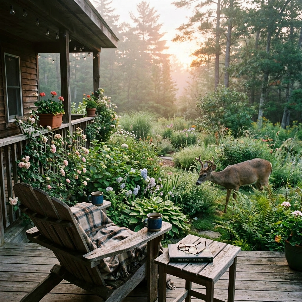 A wooden porch, chair and table. Coffee cups on the chair while a deer stands in the garden nearby.