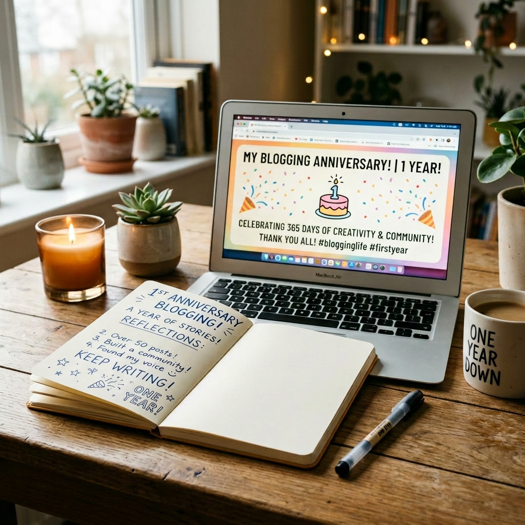Laptop screen showing blog anniversary message, open journal with reflections, candle, and coffee mug