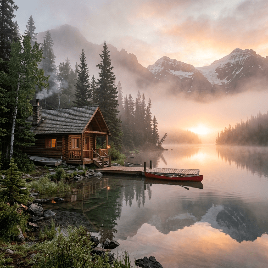 Log cabin beside calm lake with dock, canoe, pine trees, and misty mountains